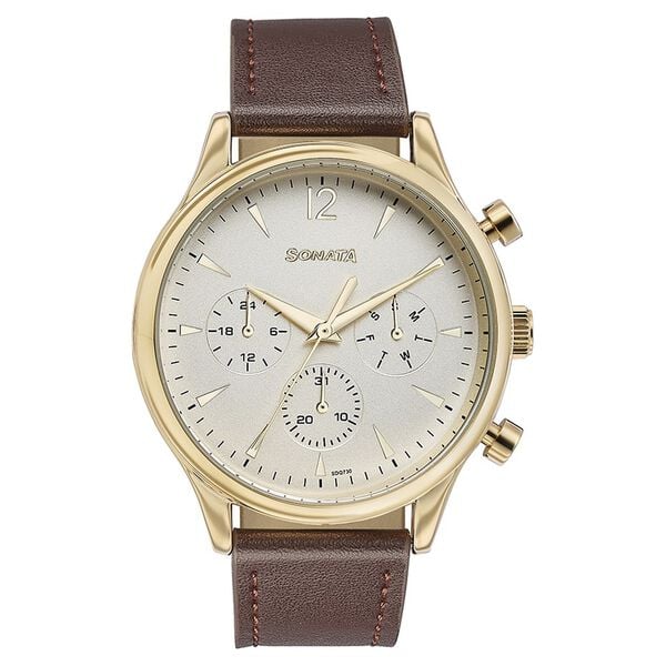Sonata Quartz Multifunction Golden Dial Brown Leather Strap Watch For Men 77146yl01 - KRISHNA WATCH COMPANY