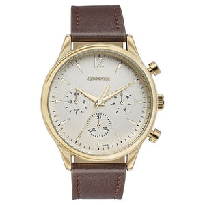 Sonata Quartz Multifunction Golden Dial Brown Leather Strap Watch For Men 77146yl01 - KRISHNA WATCH COMPANY