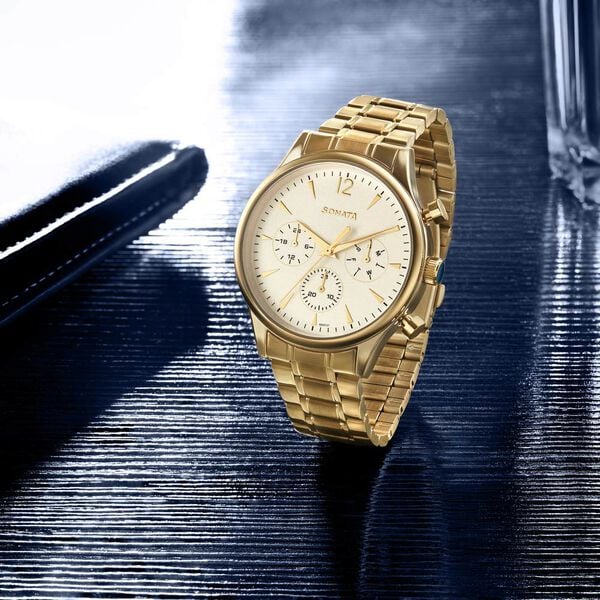 Sonata Quartz Multifunction White Dial Golden Stainless Steel Strap Watch For Men 77146ym01