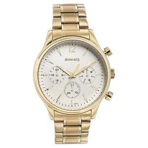 Sonata Quartz Multifunction White Dial Golden Stainless Steel Strap Watch For Men 77146ym01 - KRISHNA WATCH COMPANY