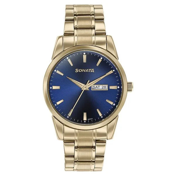 Sonata Quartz Analog with Day and Date Blue Dial Golden Stainless Steel Strap Watch For Men 77147ym01