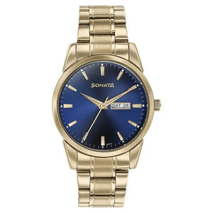 Sonata Quartz Analog with Day and Date Blue Dial Golden Stainless Steel Strap Watch For Men 77147ym01 - KRISHNA WATCH COMPANY