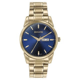 Sonata Quartz Analog with Day and Date Blue Dial Golden Stainless Steel Strap Watch For Men 77147ym01