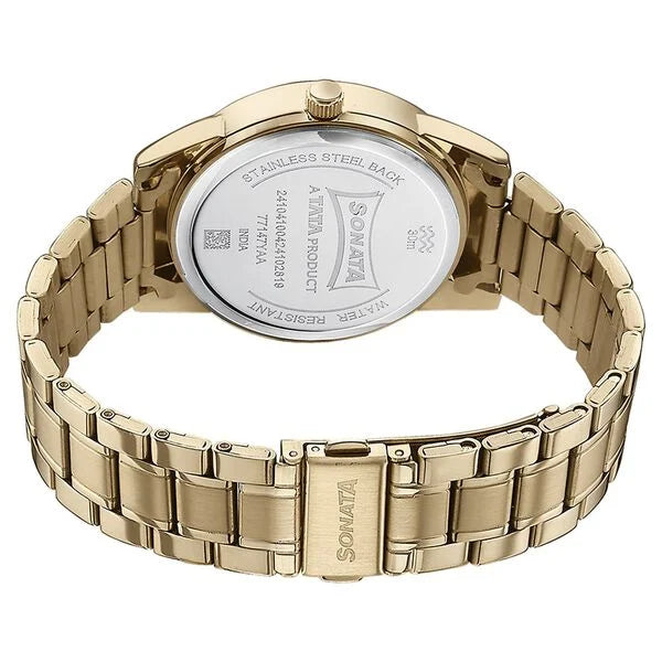 Sonata Quartz Analog with Day and Date Blue Dial Golden Stainless