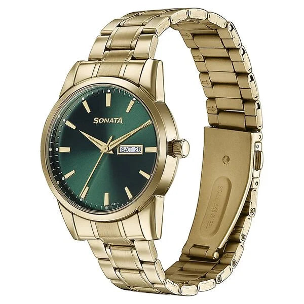 Sonata Quartz Analog with Day and Date Green Dial Golden Stainless