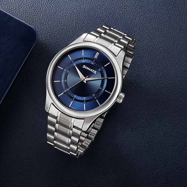 Sonata Quartz Analog Blue Dial Silver  Watch For Men -77149SM01