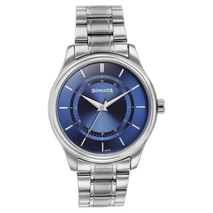 Sonata Quartz Analog Blue Dial Silver Watch For Men -77149SM01 - KRISHNA WATCH COMPANY