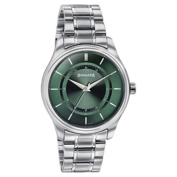 Sonata Quartz Analog Green Dial Silver Stainless Steel Strap Watch For Men 77149SM02