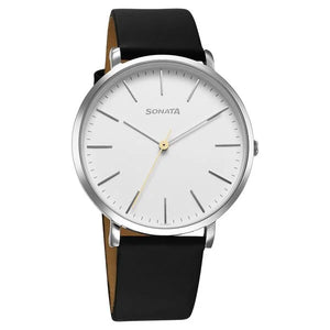 Sonata Ascent Quartz Analog White Dial Leather Strap Watch For Men - 77150SL01 - KRISHNA WATCH COMPANY