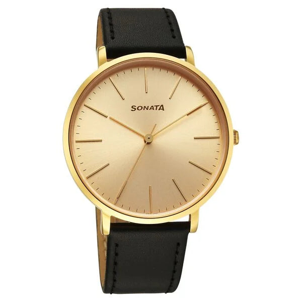 Sonata Traditional Essentials Champagne Dial Watch For Men - 77150YL01W - KRISHNA WATCH COMPANY