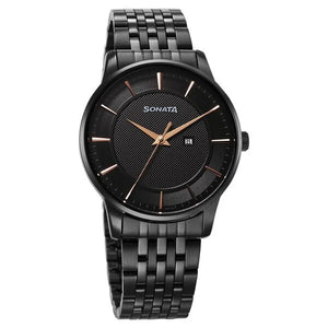 Sonata Wedding Quartz Analog Black Dial Stainless Steel Strap Watch For Men 77153nm01 - KRISHNA WATCH COMPANY