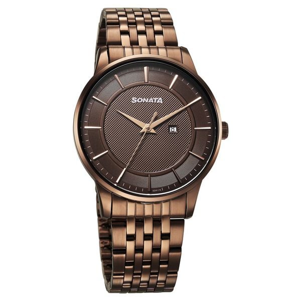 Sonata Wedding Quartz Analog Brown Dial Stainless Steel Strap Watch For Men 77153qm02 - KRISHNA WATCH COMPANY