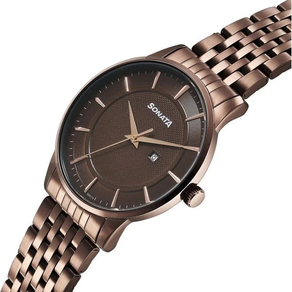 Sonata Wedding Quartz Analog Brown Dial Stainless Steel Strap Watch For Men 77153qm02 - KRISHNA WATCH COMPANY