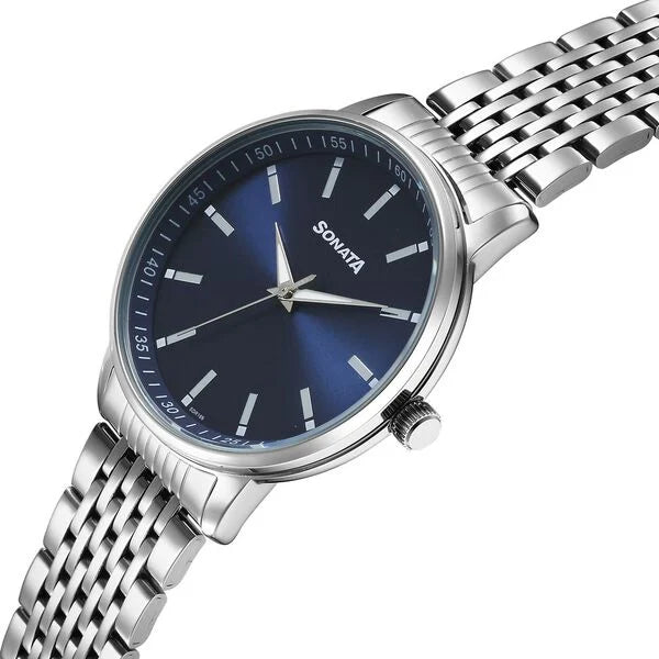 Sonata Wedding Quartz Analog Blue Dial Stainless Steel Strap Watch For Men 77156sm01 - KRISHNA WATCH COMPANY