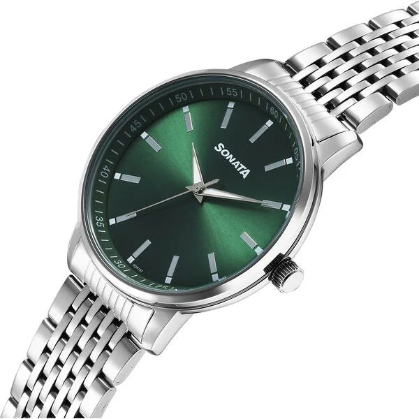 Sonata Wedding Quartz Analog Green Dial Stainless Steel Strap Watch For Men 77156SM02 - KRISHNA WATCH COMPANY