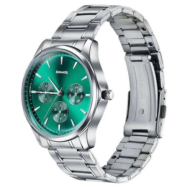Sonata Men's Work Wear emerald green dial Watch  77163sm04
