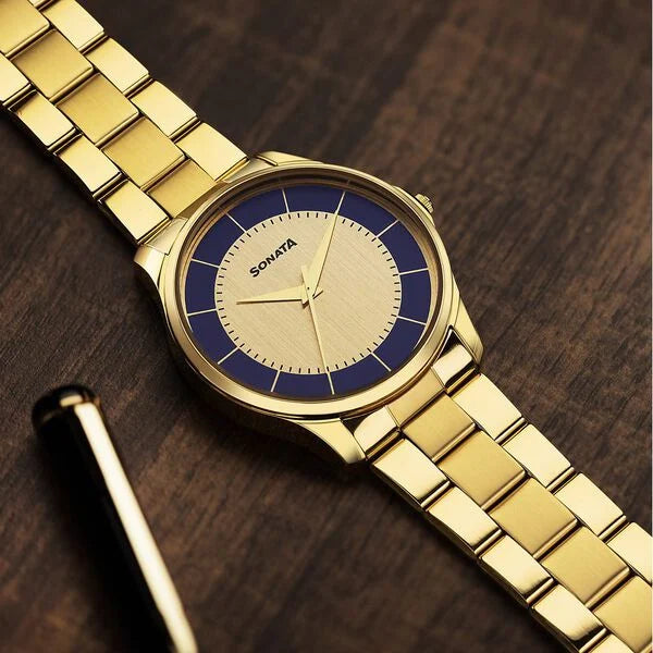 Sonata Traditional Essentials Multicoloured Dial Golden Watch For Men - 77163YM01W