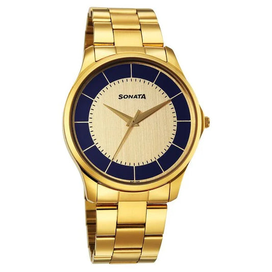 Sonata Traditional Essentials Multicoloured Dial Golden Watch For Men 77163ym01w
