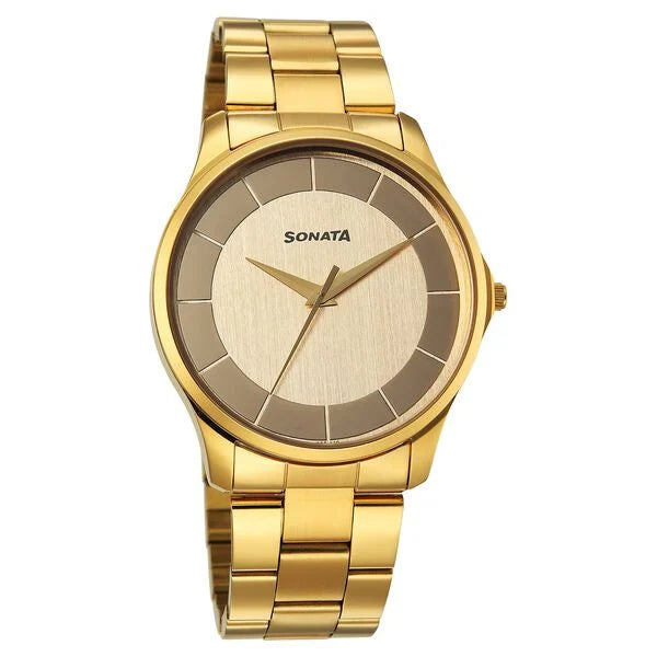 Sonata Traditional Essentials Multicoloured Dial Golden Watch For Men - 77163YM02W