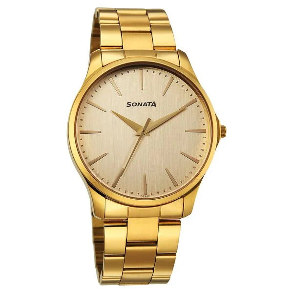 Sonata Traditional Essentials Champagne Dial Golden Watch For Men - 77163YM05W