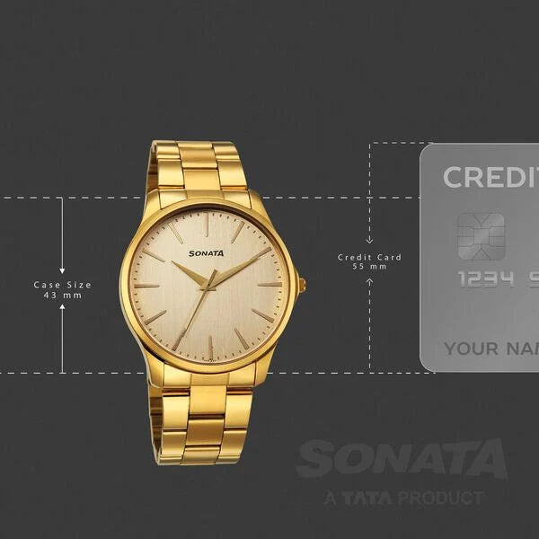 Sonata Traditional Essentials Champagne Dial Golden Watch For Men 77163ym05w