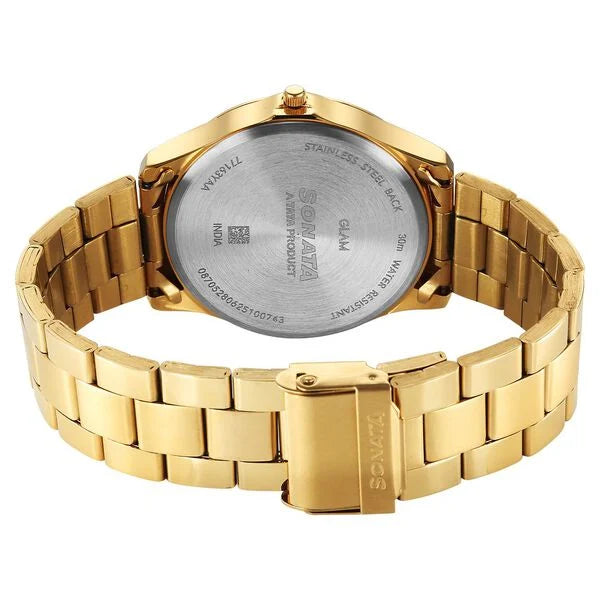 Sonata Traditional Essentials Champagne Dial Golden Watch For Men 77163ym05w