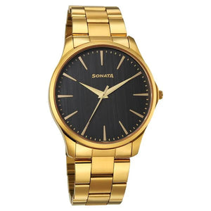 Sonata Traditional Essentials Black Dial Golden Watch For Men - 77163YM06W - KRISHNA WATCH COMPANY