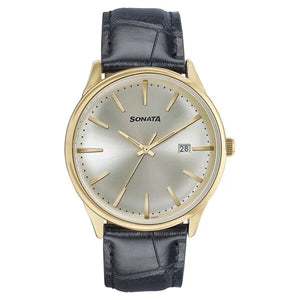 Sonata Wedding Edit Quartz Analog with Date Golden Dial Leather Strap Watch For Men 77166yl01 - KRISHNA WATCH COMPANY