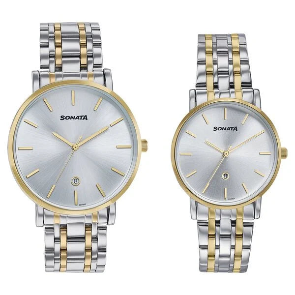 Sonata Wedding Edit Quartz Analog with Date Silver Dial Stainless Steel Strap Watch For Pair 7716787086bm01 - KRISHNA WATCH COMPANY