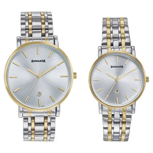 Sonata Wedding Edit Quartz Analog with Date Silver Dial Stainless Steel Strap Watch For Pair 7716787086bm01 - KRISHNA WATCH COMPANY