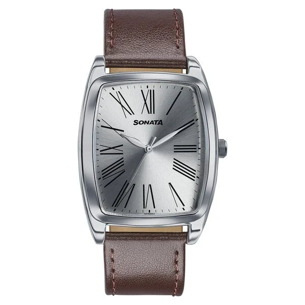 Sonata Ascent Silver Tonneau Watch with Leather Strap 77195sl01