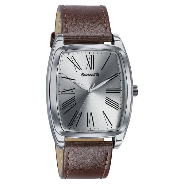 Sonata Ascent Silver Tonneau Watch with Leather Strap 77195sl01