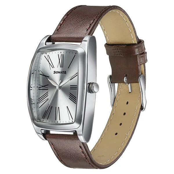 Sonata Ascent Silver Tonneau Watch with Leather Strap 77195sl01