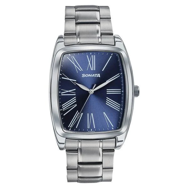 Sonata Ascent Blue Tonneau Watch with Metal Bracelet 77195sm01