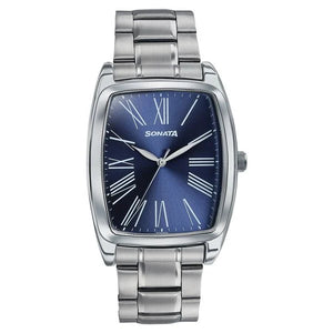 Sonata Ascent Blue Tonneau Watch with Metal Bracelet 77195sm01
