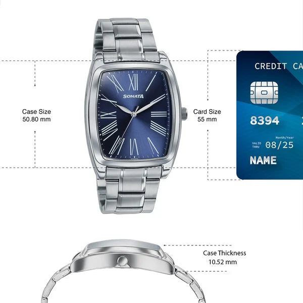 Sonata Ascent Blue Tonneau Watch with Metal Bracelet 77195sm01
