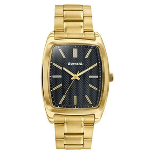 Sonata Ascent Gold & Black Tonneau Watch for Men 77195ym02