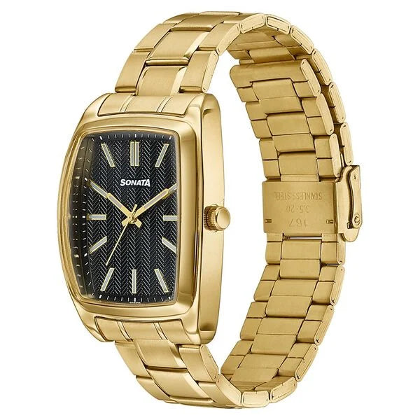 Sonata Ascent Gold & Black Tonneau Watch for Men 77195ym02