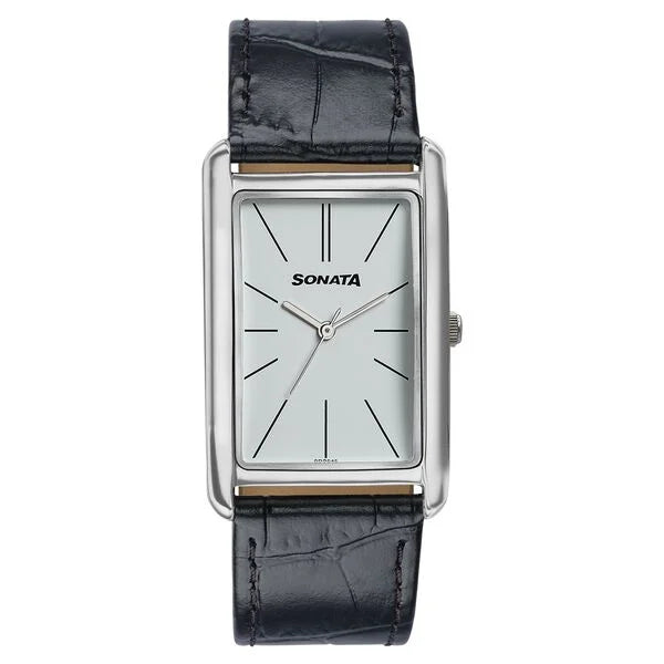 Sonata Ascent White Rectangular Watch with Leather Strap 77196sl01