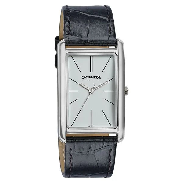 Sonata Ascent White Rectangular Watch with Leather Strap 77196sl01