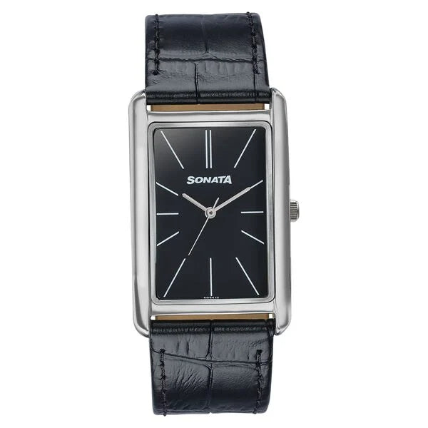 Sonata Ascent Black Rectangular Watch with Black Leather 77196sl02