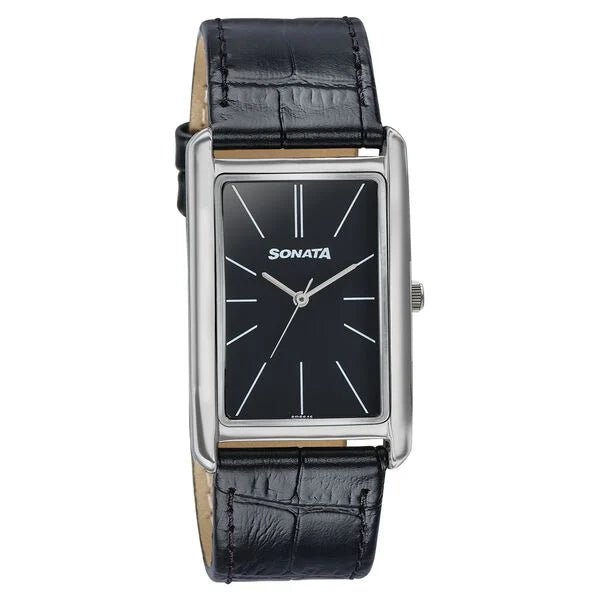 Sonata Ascent Black Rectangular Watch with Black Leather 77196sl02