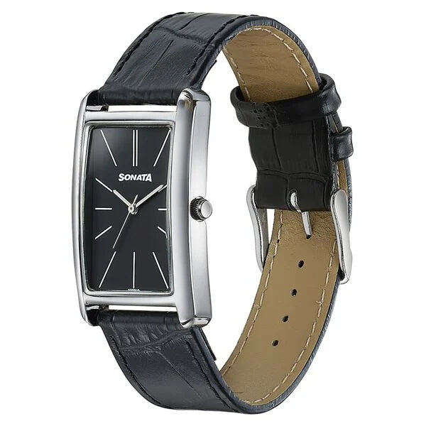 Sonata Ascent Black Rectangular Watch with Black Leather 77196sl02