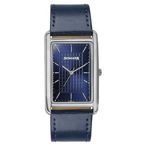 Sonata Ascent Blue Rectangular Watch with Blue Leather Strap 77196sl03