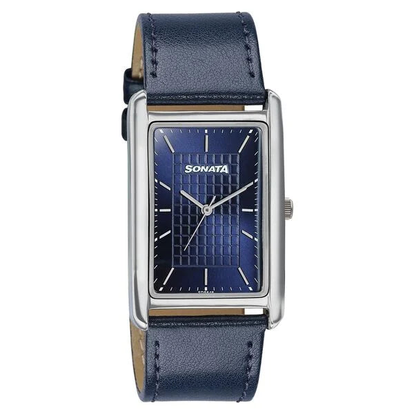 Sonata Ascent Blue Rectangular Watch with Blue Leather Strap 77196sl03