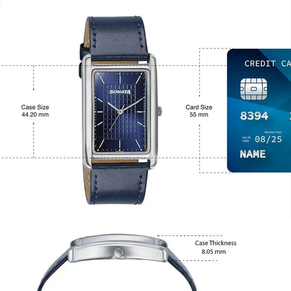 Sonata Ascent Blue Rectangular Watch with Blue Leather Strap 77196sl03