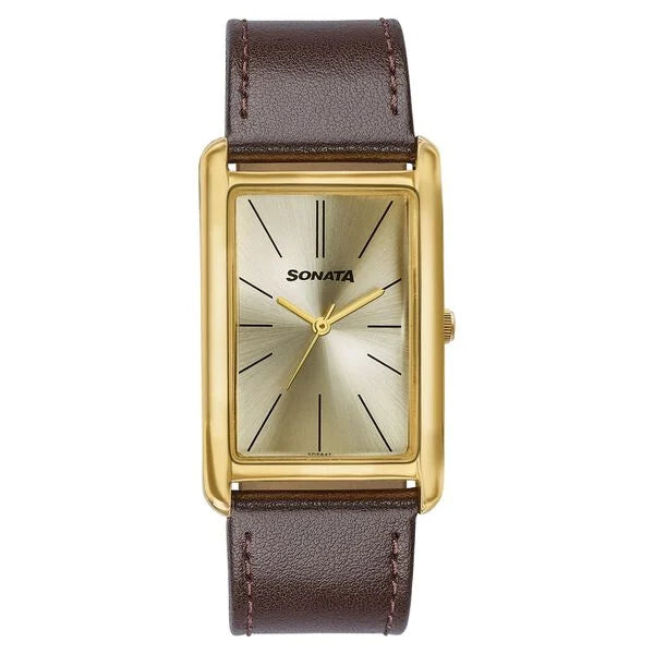 Sonata Ascent Gold Rectangular Watch with Brown Leather 77196yl01