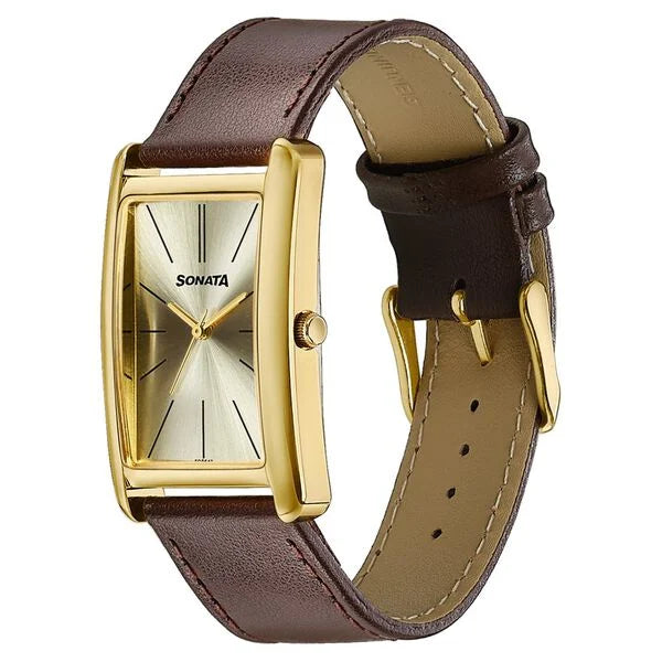 Sonata Ascent Gold Rectangular Watch with Brown Leather 77196yl01