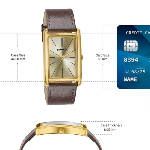 Sonata Ascent Gold Rectangular Watch with Brown Leather 77196yl01