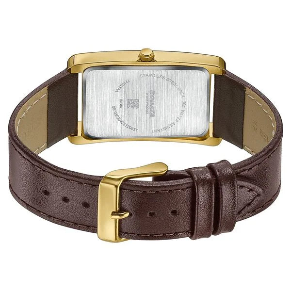 Sonata Ascent Gold Rectangular Watch with Brown Leather 77196yl01
